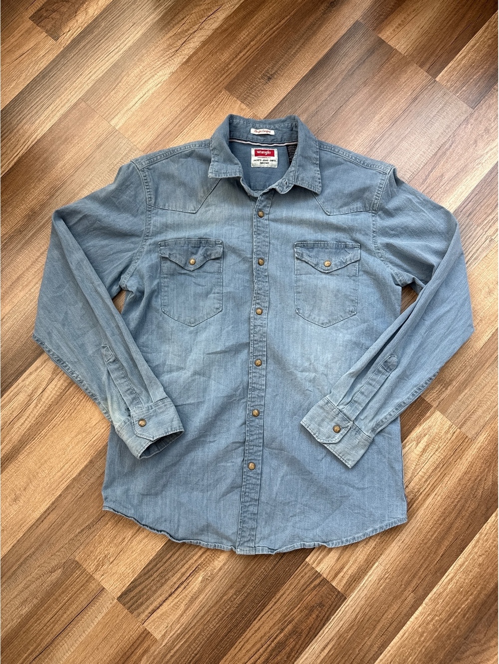 Wrangler Flex for Comfort Chambray Western Snap Shirt Men's Medium Blue Cotton